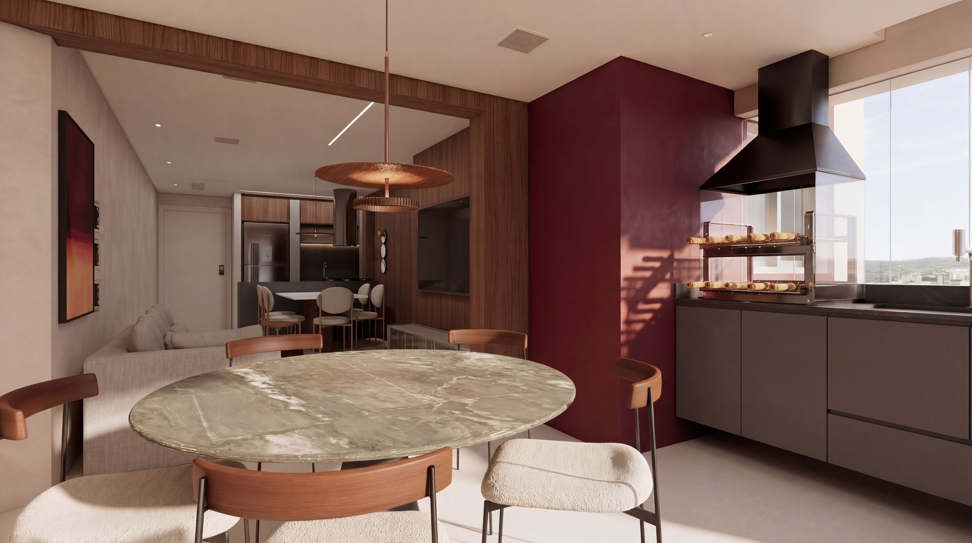 Living integrado — varanda gourmet com mesa em mármore